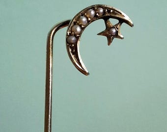 Vintage Victorian 10K Moon and Stars Cravat PIn