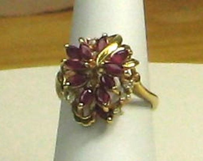 Vintage Gold Marquise Cluster Ring with Rubies and Diamonds