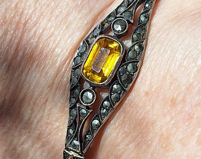 Vintage Art Deco Sterling Silver Citrine Colored Glass Bracelet