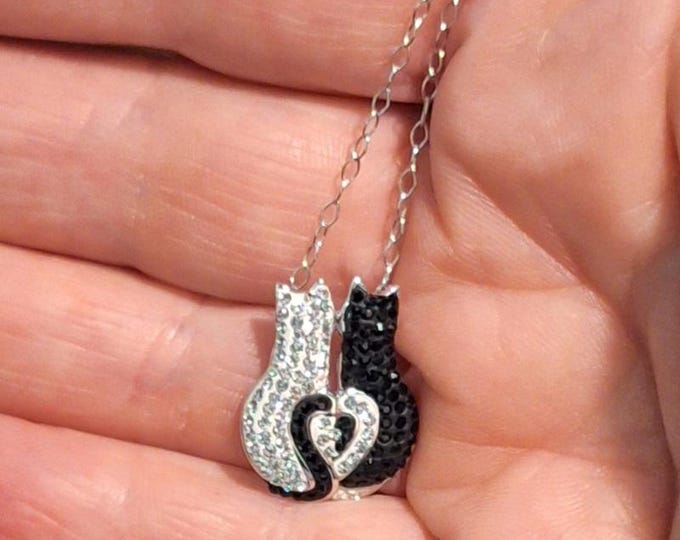 Sterling Silver White and Black Cat Love Crystal Pendant with Chain