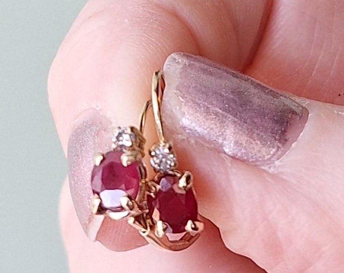 14K Yellow Gold Natural Ruby and Diamond Drop Earrings