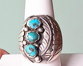 Large Heavy Gents J. Arviso Sterling Silver Native American Turquoise Ring