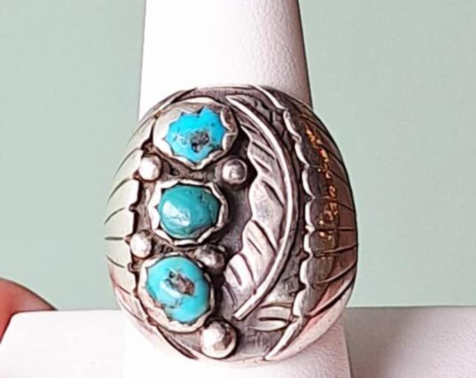 Large Heavy Gents J. Arviso Sterling Silver Native American Turquoise Ring