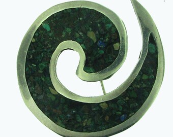 Sterling Silver Swirl Turquoise Green Mosaic Composite Brooch