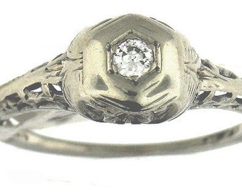 Vintage White Gold Art Deco Diamond Solitare Filigree Engagement Ring