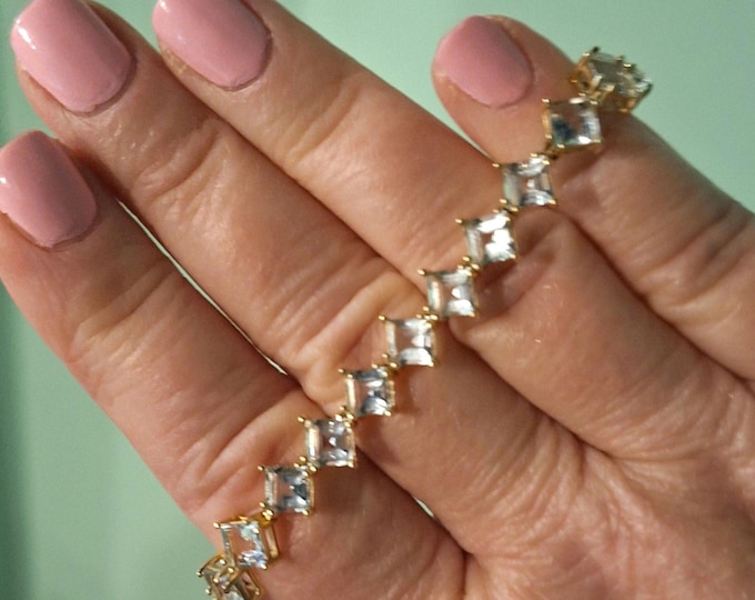 Long 14KY Square Step Cut Aquamarine Bracelet
