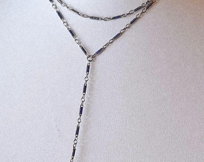 Vintage Art Deco Blue Enamel Chain with Silver Locket