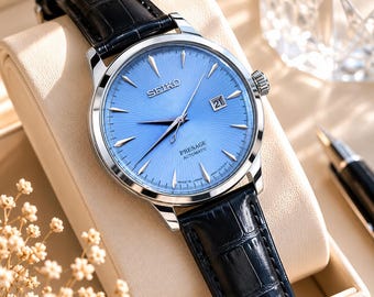 Refurbished Vintage Seiko Auswahl Spirit Automatikuhr, Herren Lederuhr mit blauem Zifferblatt