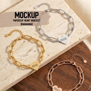 Paperclip Chain Heart Bracelet Engraving Mockup | Personalized Jewelry Template | Editable Bracelet for Product Listings