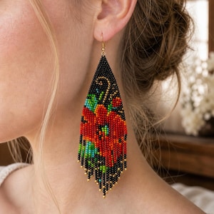 Handmade Floral Beaded Earrings – Red Flower Fringe Dangle – Boho Statement Jewelry for Women