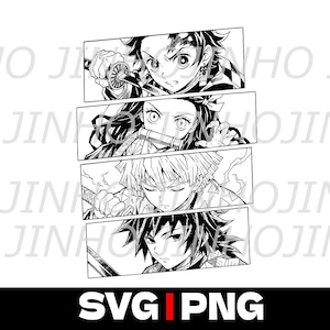 May include: A black and white graphic illustration featuring four stacked rectangular panels, each depicting a different anime character from Demon Slayer. The characters are shown in detailed line art, with the text JINHOJINHO visible in the background.