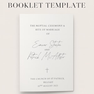 May include: A downloadable wedding mass booklet template. The cover features text: "The Nuptial Ceremony & Rite of Marriage of Eimear Stanton and Patrick McAllister." Includes a cross and the church location. The text "Shop Instantly" is at the bottom.