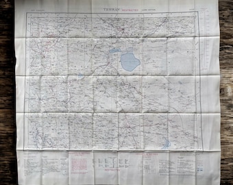 Mappa della fuga in seta della RAF durante la Seconda Guerra Mondiale – Teheran, Iran, Bushire, Golfo Persico – Mappa militare vintage in tessuto
