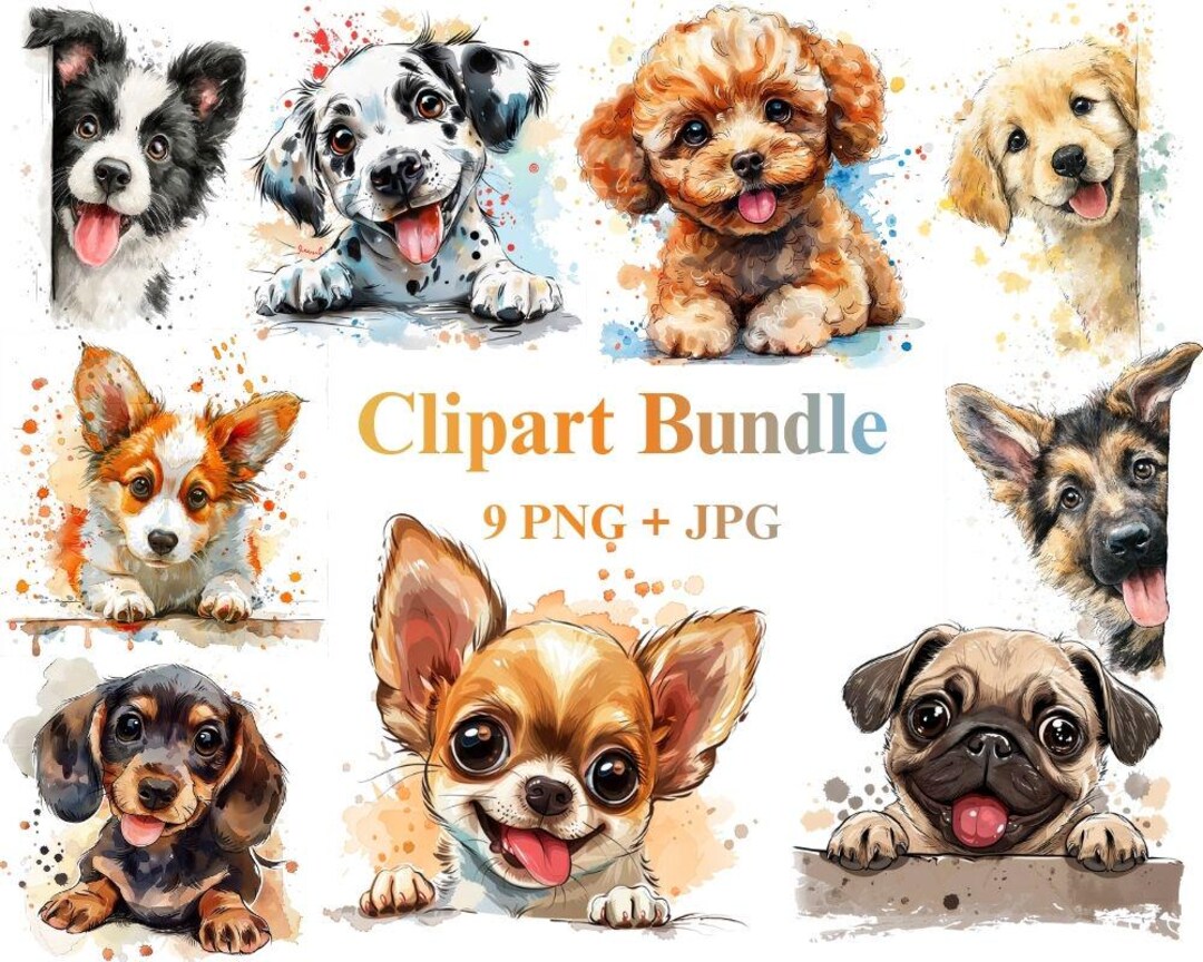 Watercolor Puppy Clipart Set | 9 Peeking Dog Breeds (PNG Digital ...