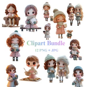 May include: A set of 12 PNG and JPG clipart images showcasing adorable cartoon figures in winter clothing. The illustrations feature characters with accessories like coffee cups, books, and small dogs. The colour scheme includes soft pastels and warm tones.