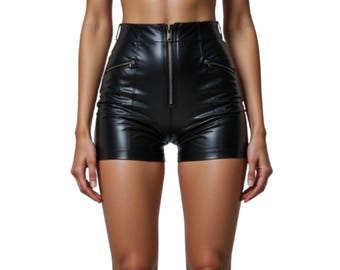 Pantalones cortos de ciclista de cintura alta de piel sintética negra / Pantalones cortos ajustados de PU para discoteca