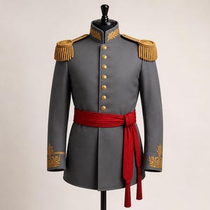 Koninklijke militaire paradejas van een generaal – grijze wollen officiersjas met gouden galon op de epauletten en een rode zijden sjerp, ceremonieel gala-uniform