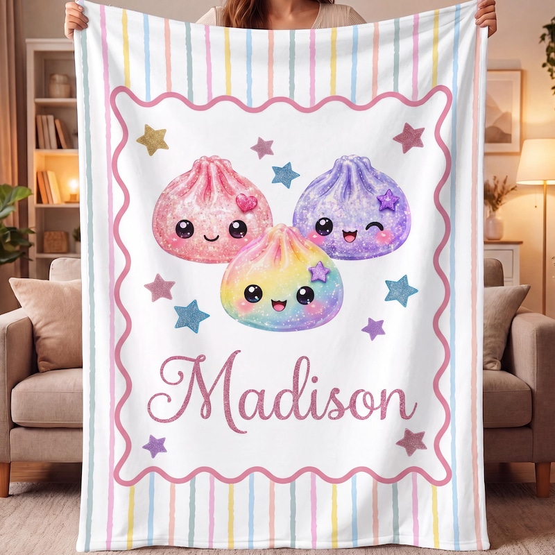 Personalized Squishy Dumpling Flannel Blanket, Custom Pastel Kawaii Throw, Cute Name Bedding Gift For Girls