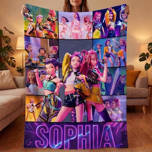 Personalized Kpop Anime Girl Blanket, Custom Name Pop Star Idol Fleece Throw, Neon Cyberpunk Collage Decor, Teen Girl Music Fan Gift