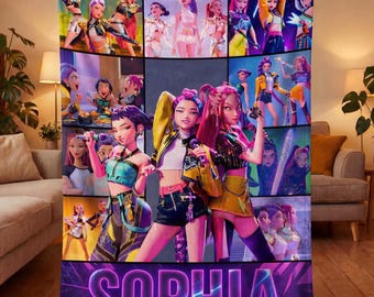Personalized Kpop Anime Girl Blanket, Custom Name Pop Star Idol Fleece Throw, Neon Cyberpunk Collage Decor, Teen Girl Music Fan Gift
