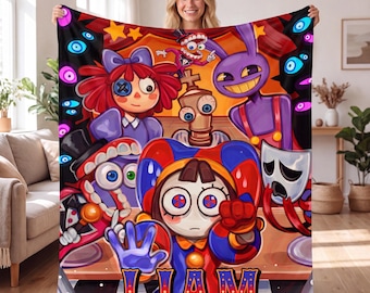 Custom Digital Circus Blanket, Personalized TADC Pomni Jax Throw, Kids Flannel Name Blanket, Gamer Birthday Gift, Cartoon Room Decor Bedding