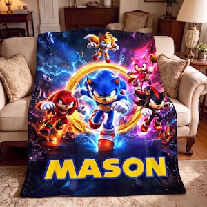 Personalized Blue Hedgehog Blanket, Custom Name Gamer Bedding, Retro Video Game Throw, Red and Yellow Fox Character Kids Room Decor
