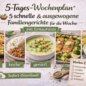 以下が含まれることがあります： 「5-Tages-Wochenplan」と「5 schnelle & ausgewogene Familiengerichte für die Woche」のテキストが入ったデジタルダウンロードグラフィック。調理済みの食事の写真と買い物リストが特徴です。