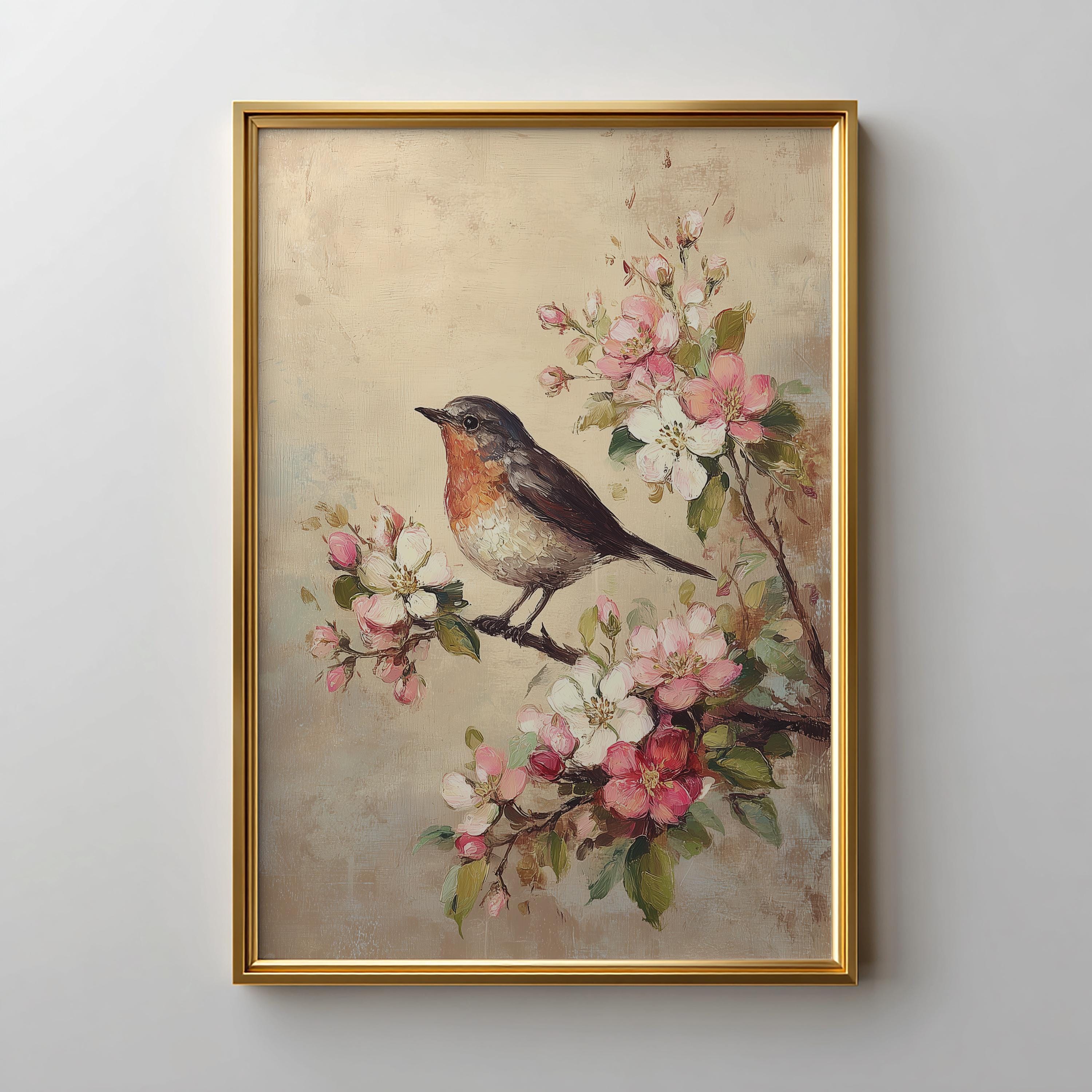 Vintage Botanical Robin Print - Cottagecore Floral Wall Art
