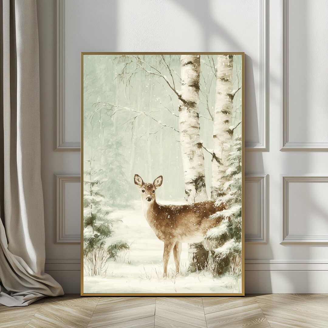 Vintage Deer Winter Art Print - Quiet Cottagecore Snow Scene, Moody ...