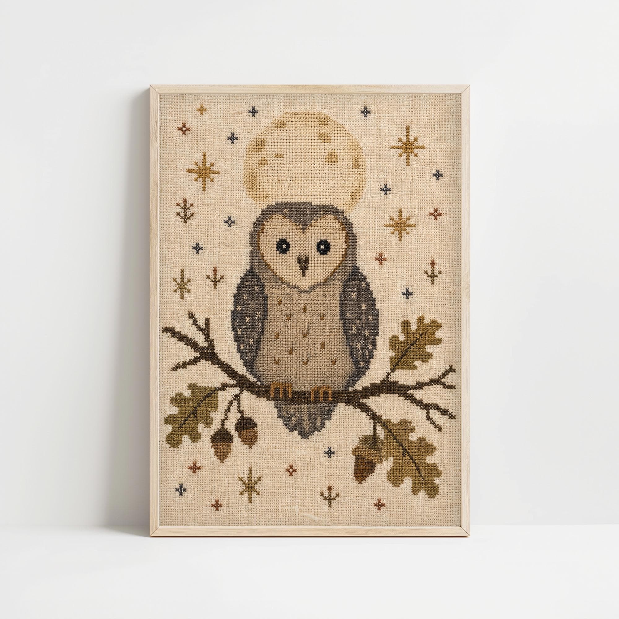 Owl Print Cross Stitch Wall Art, Primitive Folk Autumn Sampler, Vintage Linen Farmhouse Decor, Digit