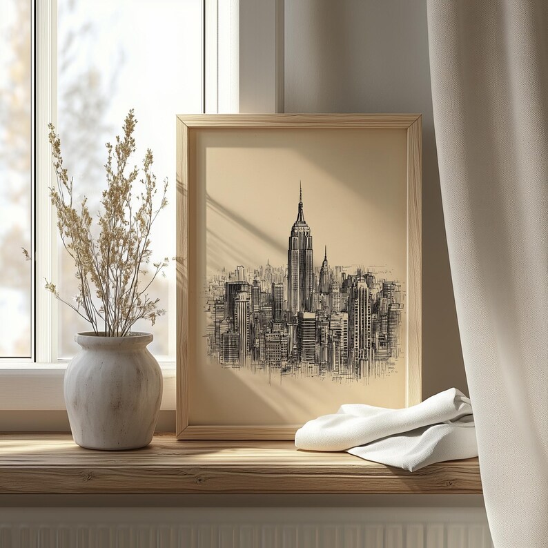 New York City LINE Drawing - Vintage Skyline Art, Empire State Building ...
