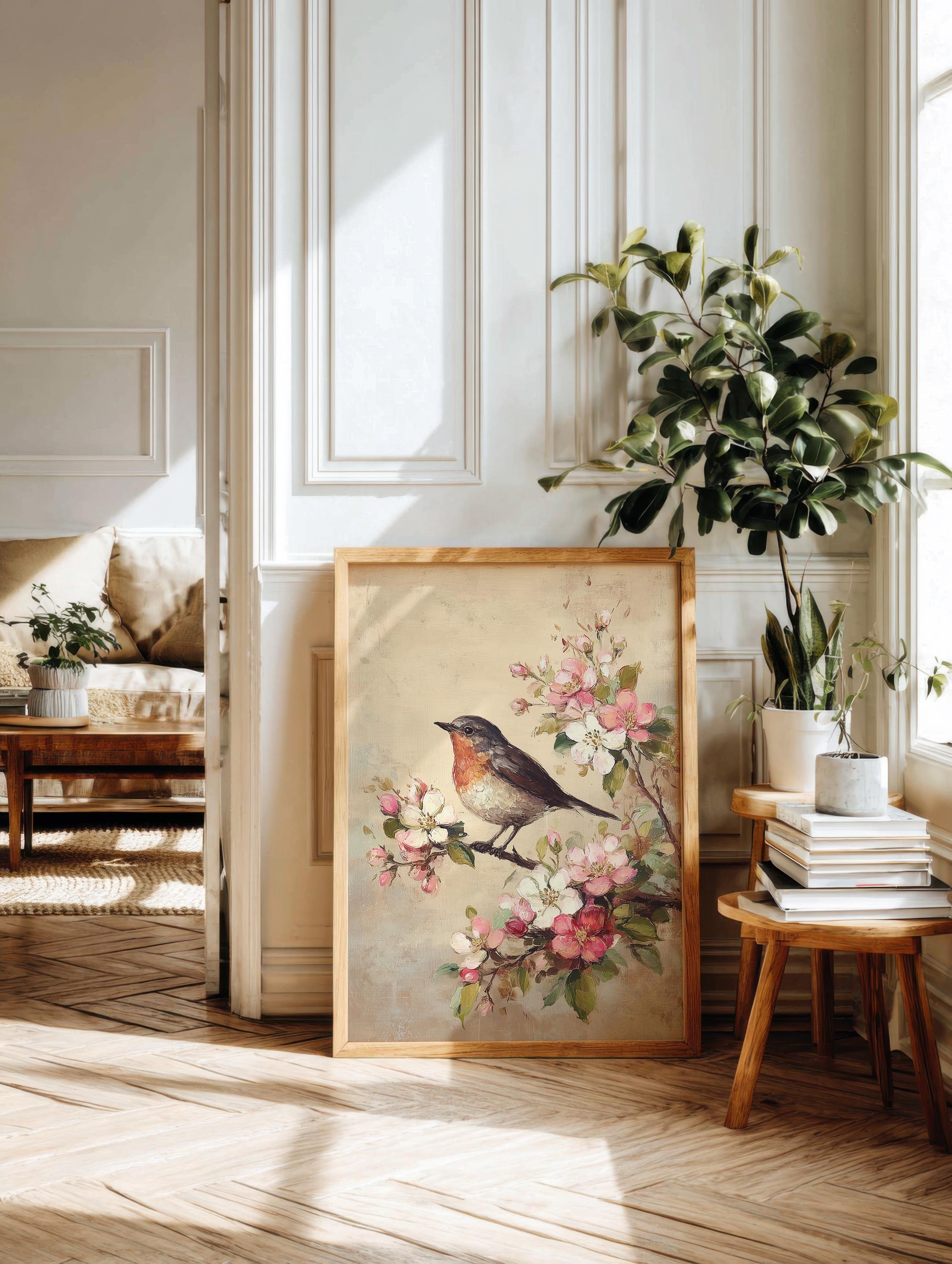 Vintage Botanical Robin Print - Cottagecore Floral Wall Art