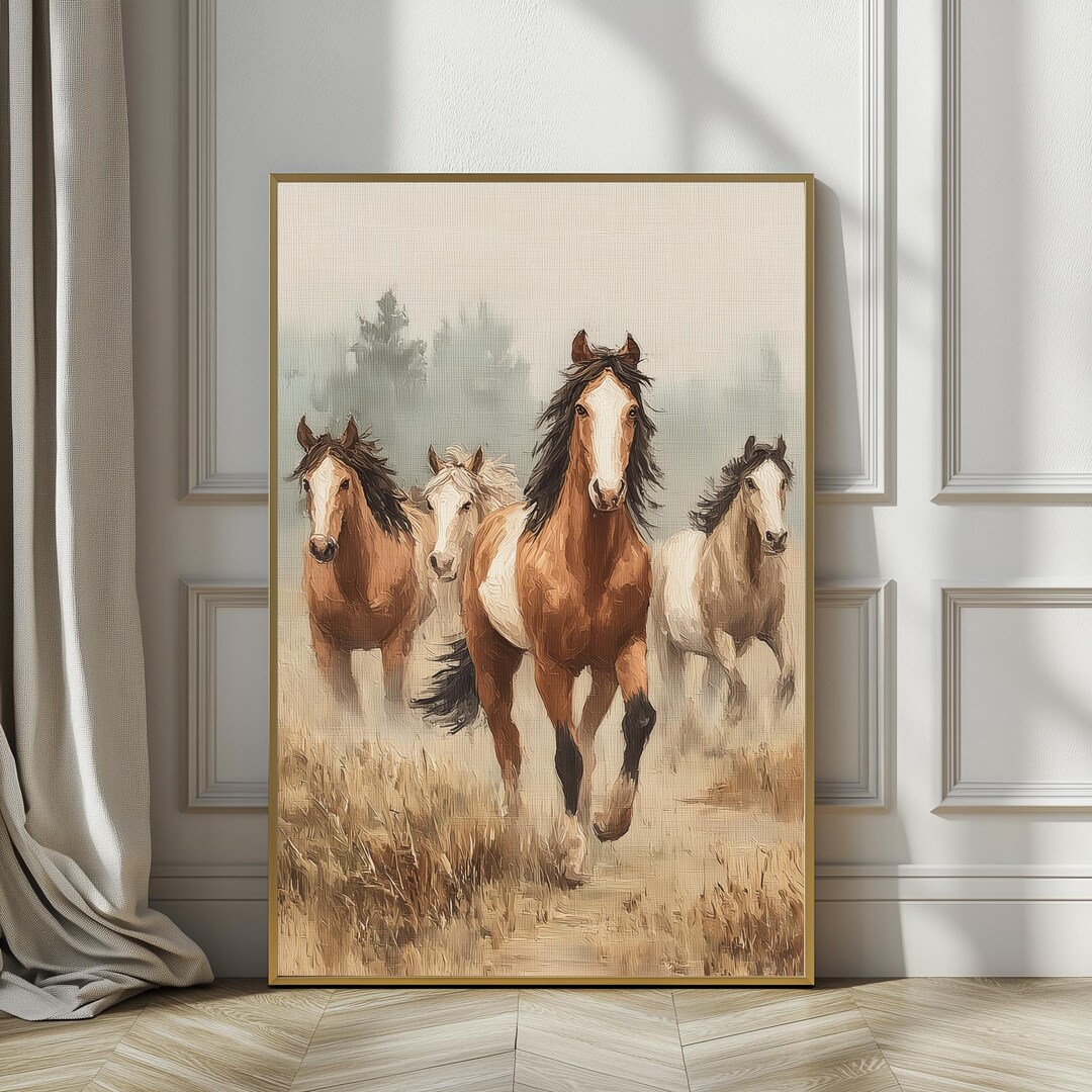 Rustic Horse Design Vintage Wild Horses in Misty Meadow Art - Rustic Equestrian Scene ...