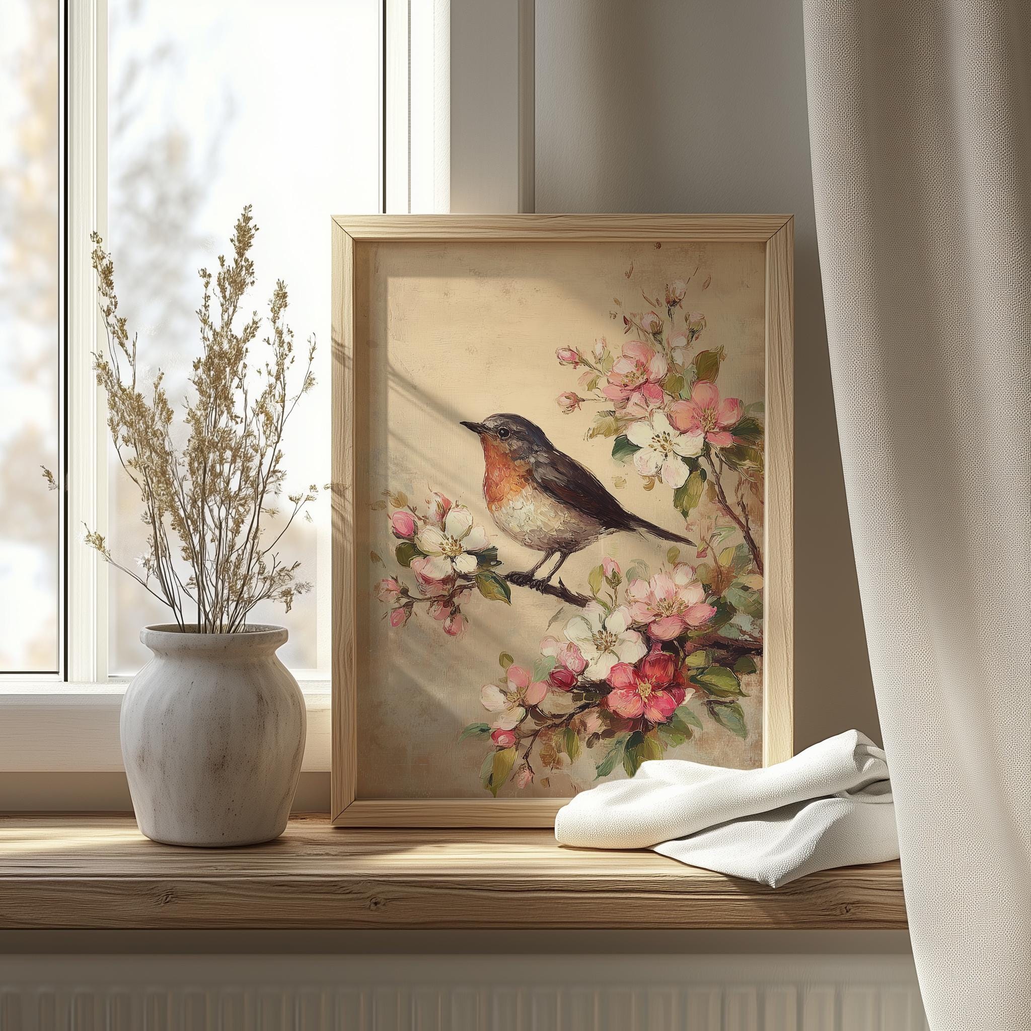 Vintage Botanical Robin Print - Cottagecore Floral Wall Art