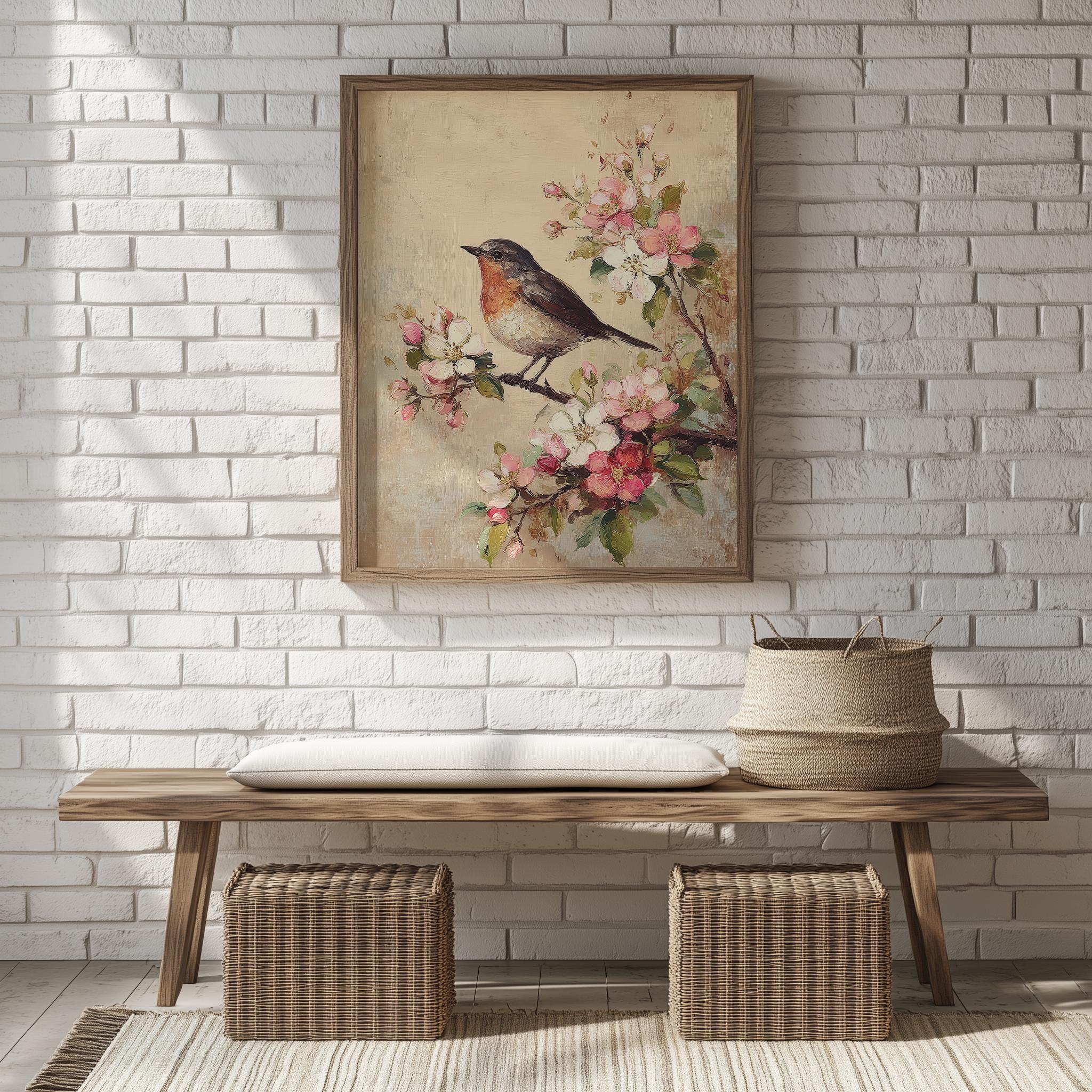Vintage Botanical Robin Print - Cottagecore Floral Wall Art
