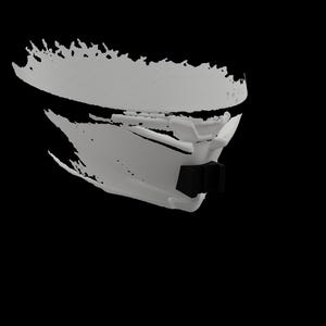 May include: A white, angular mask with a black lower section and a textured upper edge. The mask has a futuristic design, with sharp lines and a sleek appearance. The background is solid black.