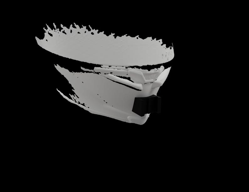 May include: A white, angular mask with a black lower section and a textured upper edge. The mask has a futuristic design, with sharp lines and a sleek appearance. The background is solid black.