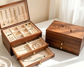 Custom Engraved Wooden Jewelry Box, 3-Layer Jewelry Organizer with Pull-Out Drawer, Removable Tray Ring Cushions, Earring & Necklace Storage
