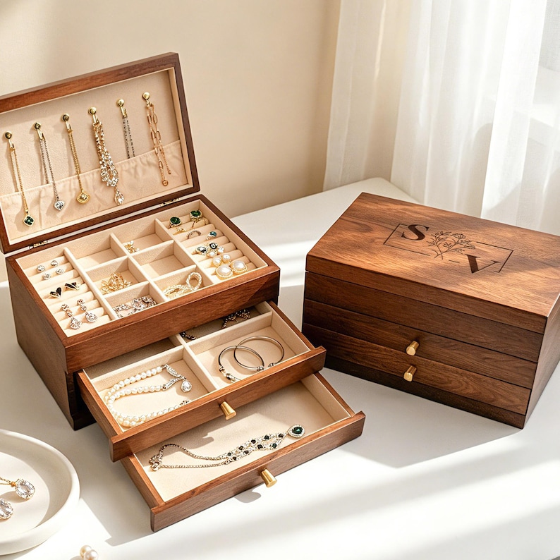 May include: Wooden jewelry boxes with multiple compartments and drawers. The open box displays various earrings, rings, and necklaces. The closed box has the initials "S" and "V" with a floral design. The boxes are brown with gold-colored hardware.