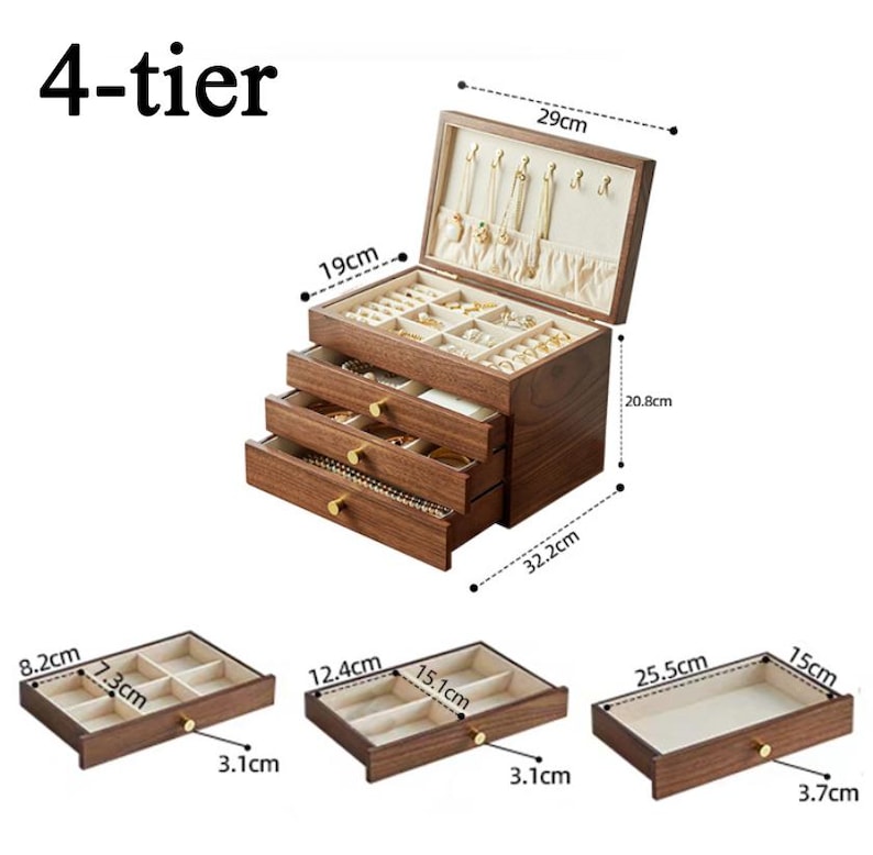 May include: A 4-tier wooden jewelry box with multiple drawers and compartments. The box is 32.2cm long, 29cm wide, and 20.8cm tall. The drawers are lined with a beige fabric. The top section has necklace hooks. The text "4-tier" is at the top.