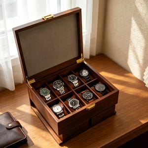 May include: A dark brown wooden watch box with a hinged lid, displaying nine wristwatches. The interior is lined with a light brown fabric. The box is on a wooden surface, with a leather wallet visible.