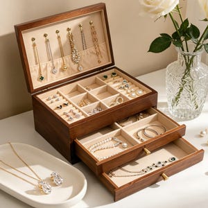 May include: A wooden jewelry box with multiple compartments and drawers. The open box reveals various necklaces, earrings, and rings. The drawers contain bracelets and necklaces. A white tray with two necklaces is in the foreground.