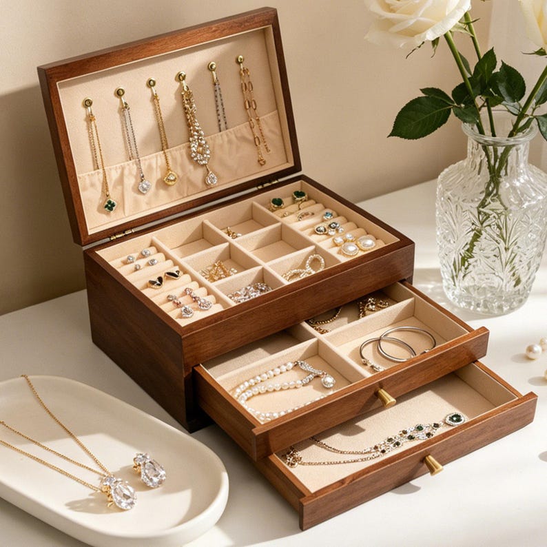 May include: A wooden jewelry box with multiple compartments and drawers. The open box reveals various necklaces, earrings, and rings. The drawers contain bracelets and necklaces. A white tray with two necklaces is in the foreground.
