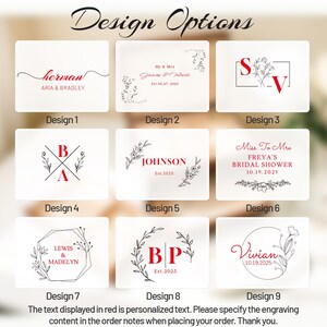 May include: Nine design options for personalized engraved items are displayed. Each design features text in red and black, with floral or geometric accents. The designs include names, initials, and dates, suitable for weddings or special events.