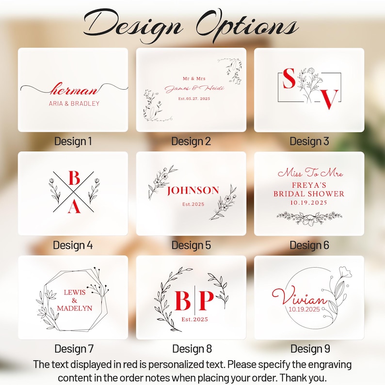 May include: Nine design options for personalized engraved items are displayed. Each design features text in red and black, with floral or geometric accents. The designs include names, initials, and dates, suitable for weddings or special events.