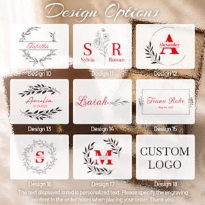 May include: A selection of personalized design options for engraving. Designs include names, initials, and dates, with various fonts and decorative elements. The text is displayed in red. The image also includes the text "Design Options" and "CUSTOM LOGO".