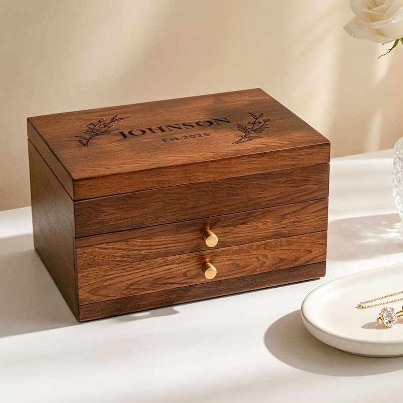 May include: A wooden jewelry box with two drawers and gold-colored knobs. The top of the box is engraved with the name "JOHNSON" and "Est. 2025" along with floral designs. The box is made of dark brown wood.
