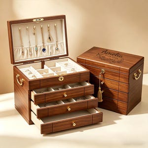 Caja de joyería de madera grabada a medida con cajones de 3 a 5 cajones. Organizador de joyas múltiple. Regalo de boda. Regalos para mamá. Colección de joyas para mujer.