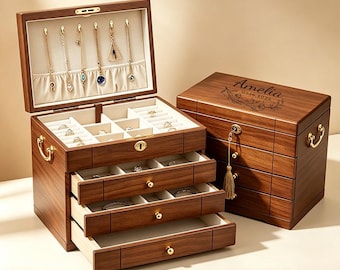 Custom Engraved Wooden Jewelry Box with Drawers 3-5 Drawer Multiple Jewelry Organizer Wedding Gift Gifts for Mom Women's Jewelry Collection
