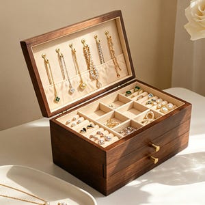 May include: A wooden jewelry box with an open lid, revealing various necklaces and earrings hanging from hooks. The box is filled with rings, earrings, and other jewelry. The box has a dark brown finish and gold-colored drawer pulls.